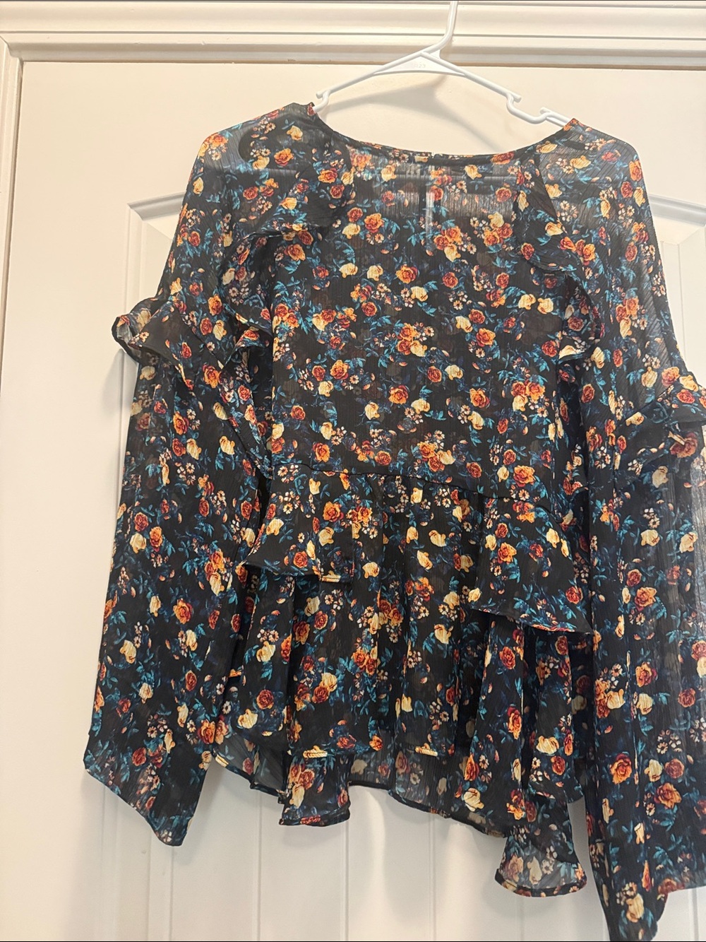 a.n.a Black Floral Ruffle Long-Sleeve Blouse with Multicolor Roses